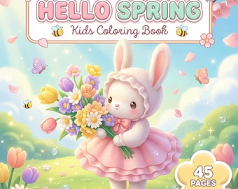 Kawaii Spring Coloring Book, Easter Bunny Animals, Flowers (45 Pages PDF Download)