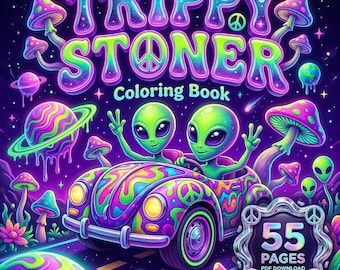 Trippy Stoner Coloring Book Printable, 55 Psychedelic Hippie Pages, PDF Instant Download, Adults