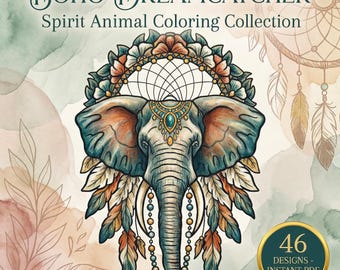 Boho Spirit Animal Coloring Book Printable, 46 Dreamcatcher Mandala Pages, PDF Instant Download, Adults