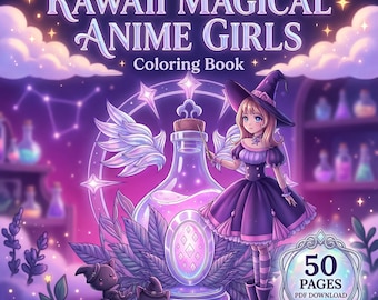 Kawaii Anime Girls Coloring Book, Magical Fantasy Illustrations (PDF Download)