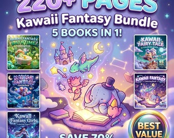 Paquete de libros para colorear de fantasía kawaii: más de 220 páginas, cuentos de hadas, chicas mágicas (descarga digital)