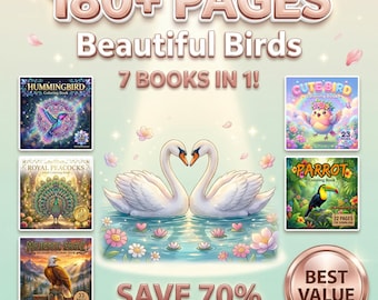 Paquete de libros para colorear de aves: más de 180 páginas, colibrí, pavo real, cisne, flamenco (descarga digital)