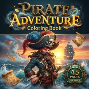 May include: A digital coloring book cover titled "Pirate Adventure Coloring Book." The image features a pirate with a skull hat, a ship on the ocean, and treasure maps. The cover also includes the text "45 Pages PDF Download."