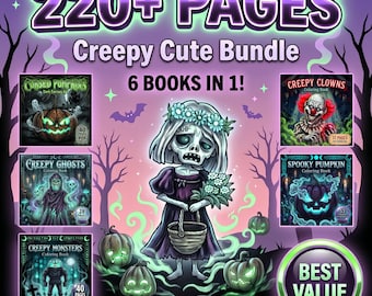 May include: A digital bundle of 6 coloring books titled Creepy Cute Bundle with 220+ pages. The image features a central illustration of a pale character in a dark dress holding a basket of flowers, surrounded by jack-o'-lanterns and trees.