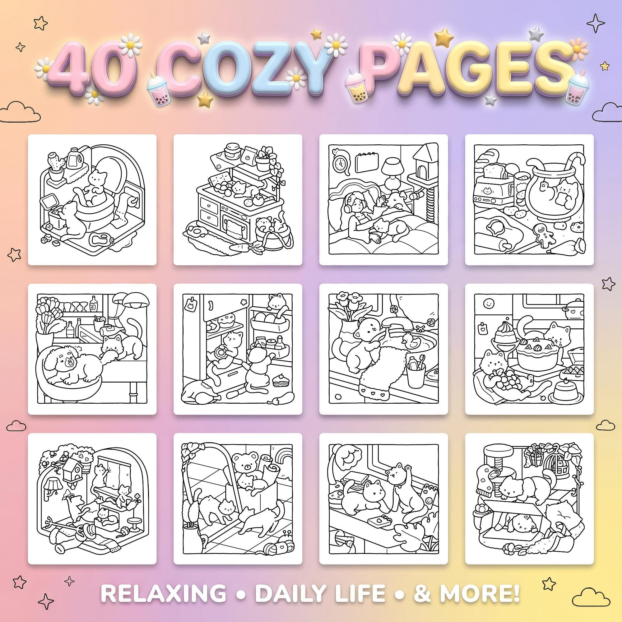 Kawaii Cat Daily Life Coloring Pages Printable, 40 Cozy Kitten Scenes ...