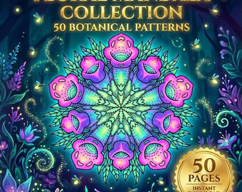 Floral Mandala Coloring Pages Printable, 50 Botanical Garden Nature Patterns, PDF Instant Download, Adults