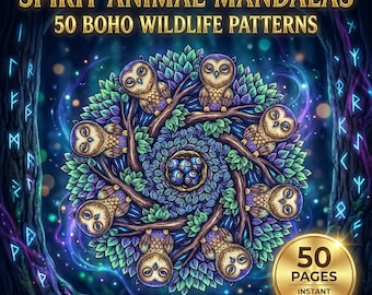 Spirit Animal Mandala Coloring Pages, 50 Boho Wildlife Totem Designs (PDF Download)
