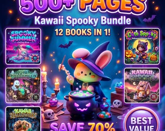 Kawaii Spooky Coloring Bundle, 500+ Pages, Halloween Scenes (PDF + PNG Download)
