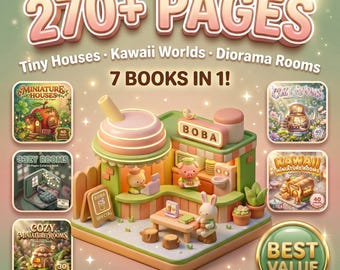 Miniature Rooms Coloring Book Bundle, Tiny Houses, Kawaii Diorama Worlds (PDF + PNG Download)