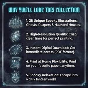 May include: A teal graphic with the text "WHY YOU'LL LOVE THIS COLLECTION" and bullet points describing a digital download of spooky illustrations. The points highlight unique illustrations, high-resolution quality, instant download, print flexibility, and spooky relaxation.