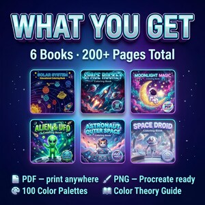 May include: A digital collection of 6 space-themed coloring books totaling over 200 pages. Titles include Solar System, Space Rocket, Moonlight Magic, Alien & UFO, Astronaut Outer Space, and Space Droid. Includes PDF, PNG files, 100 color palettes, and a guide.