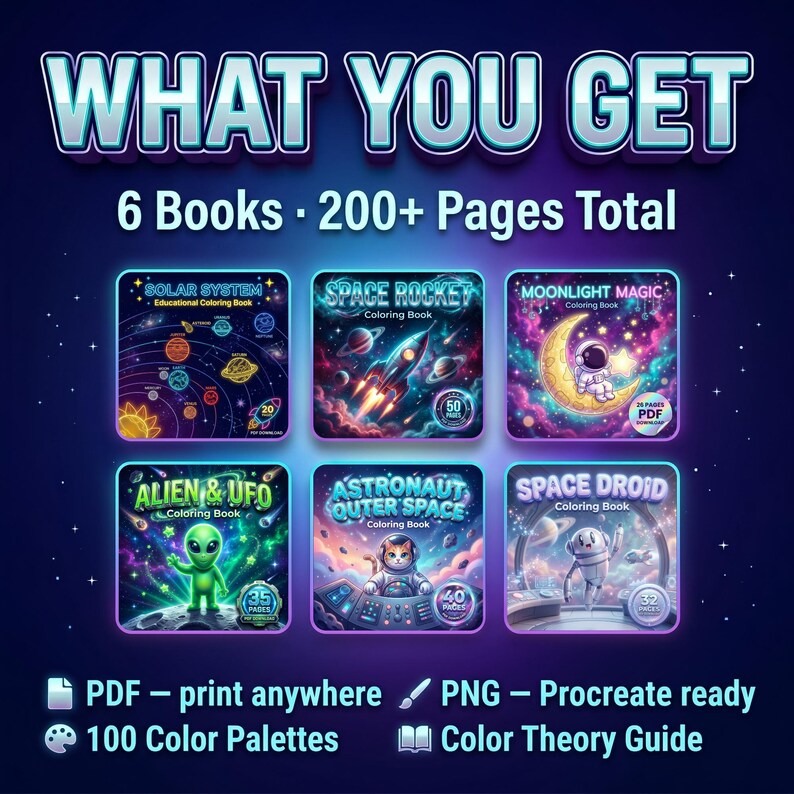 May include: A digital collection of 6 space-themed coloring books totaling over 200 pages. Titles include Solar System, Space Rocket, Moonlight Magic, Alien & UFO, Astronaut Outer Space, and Space Droid. Includes PDF, PNG files, 100 color palettes, and a guide.