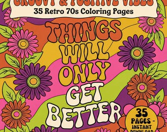70s Retro Hippie Coloring Book Printable, 35 Groovy Psychedelic Pages, PDF Instant Download, Adults