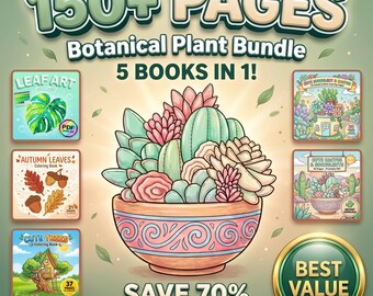 Botanical Coloring Book Bundle, Succulent Cactus Leaf Tree Pages (PDF + PNG Download)