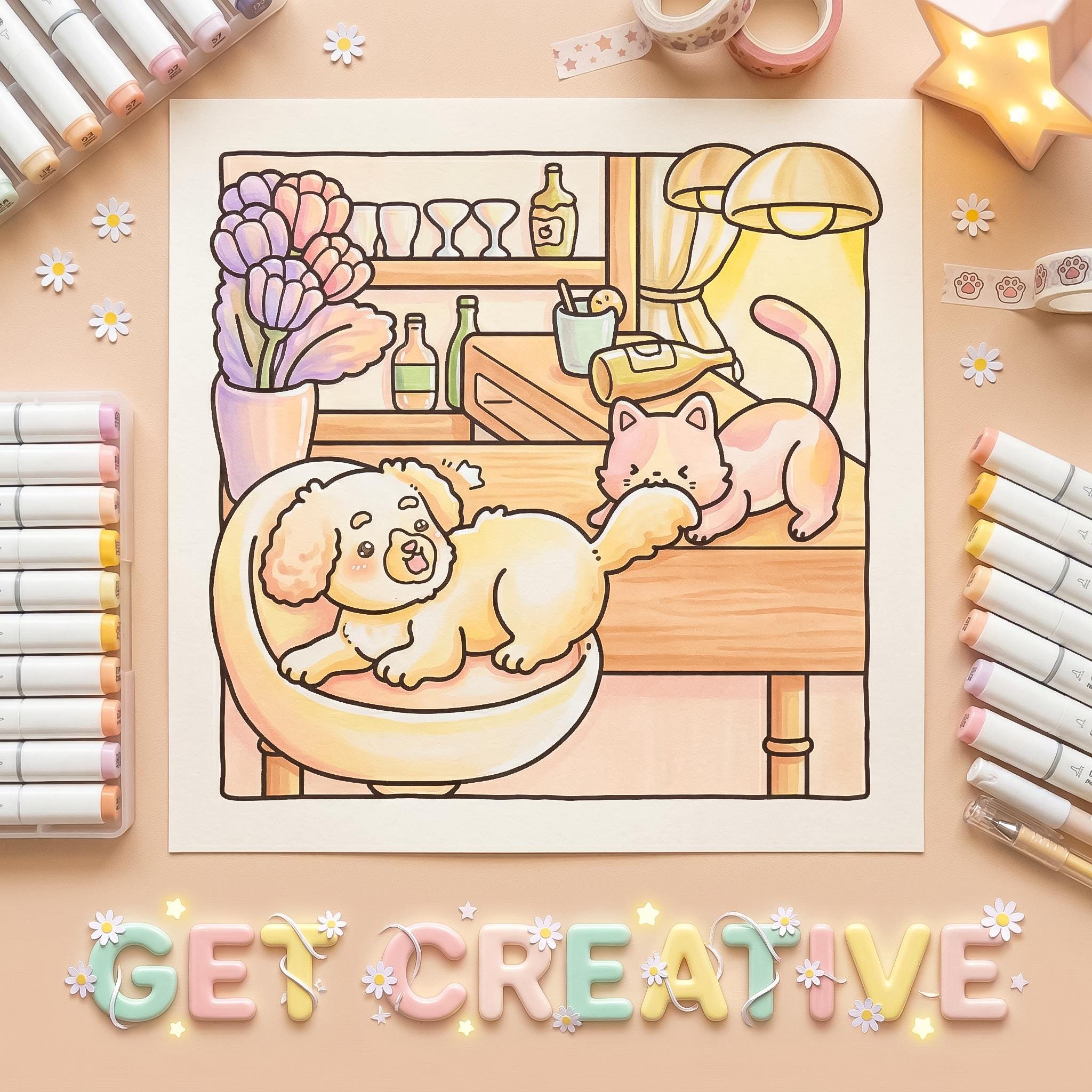 Kawaii Cat Daily Life Coloring Pages Printable, 40 Cozy Kitten Scenes ...