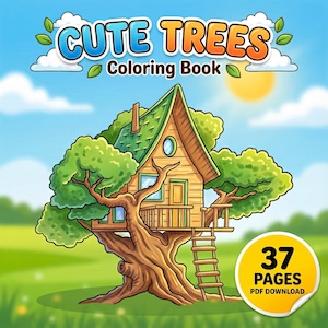 May include: A colorful illustration of a treehouse coloring book cover. The title "Cute Trees Coloring Book" is displayed above a detailed treehouse with a green roof, surrounded by lush green foliage. A yellow circle indicates "37 Pages PDF Download".