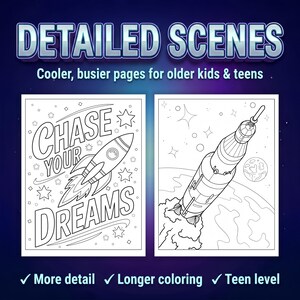 May include: Two black and white coloring pages featuring space themes. The left page shows a rocket with the text "CHASE YOUR DREAMS" and stars. The right page depicts a rocket launching into space above a planet. The header reads "DETAILED SCENES".