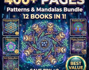 Paquete de libros para colorear con patrones y mandalas: más de 400 páginas, vidrieras, diseños geométricos (descarga digital).