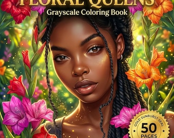 African American Women Grayscale Coloring Pages, 50 Floral Portraits (PDF Download)