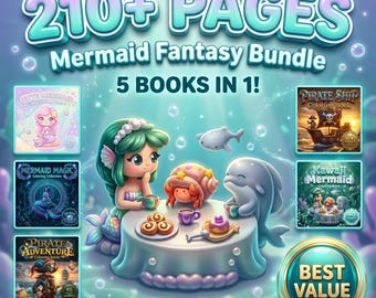 Paquete de libros para colorear de sirenas: más de 210 páginas de fantasía, piratas y mundos oceánicos (descarga digital).