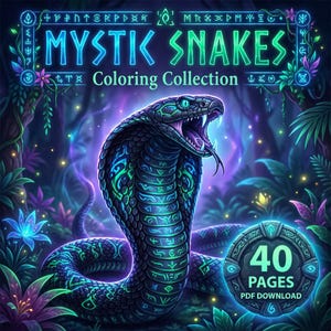 Könnte beinhalten: Digitale Illustration einer Kobra mit detailliertem, gemustertem Körper in Blau- und Grüntönen. Das Bild zeigt den Text "MYSTIC SNAKES Coloring Collection" und ein rundes Emblem mit der Aufschrift "40 PAGES PDF DOWNLOAD". Der Hintergrund ist ein üppiger, fantastischer Wald.
