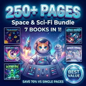 May include: Digital art promoting a space and sci-fi coloring book bundle. The image features a cat astronaut, a rocket, and a robot. The text reads "250+ PAGES" and "7 BOOKS IN 1!"