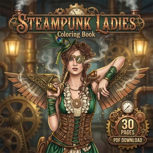 Afdrukbaar steampunk-kleurboek, 30 Victoriaanse fantasieportretpagina's, pdf direct download, volwassenen