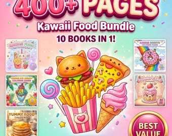 Kawaii Food Coloring Book Bundle, 400+ Pages Desserts, Donuts, Ice Cream (PDF + PNG Download)
