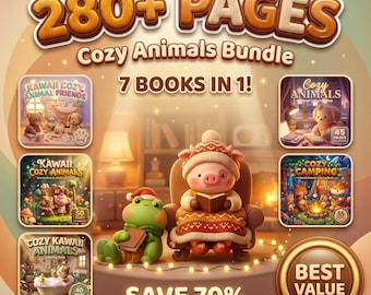 Cozy Animals Coloring Book Bundle, 280+ Kawaii Chibi Pages (PDF + PNG Download)