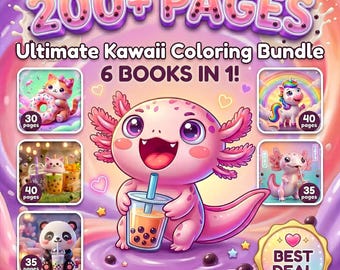 Paquete de libros para colorear Kawaii, más de 200 páginas, animales, ajolote, té de burbujas (descarga en PDF)
