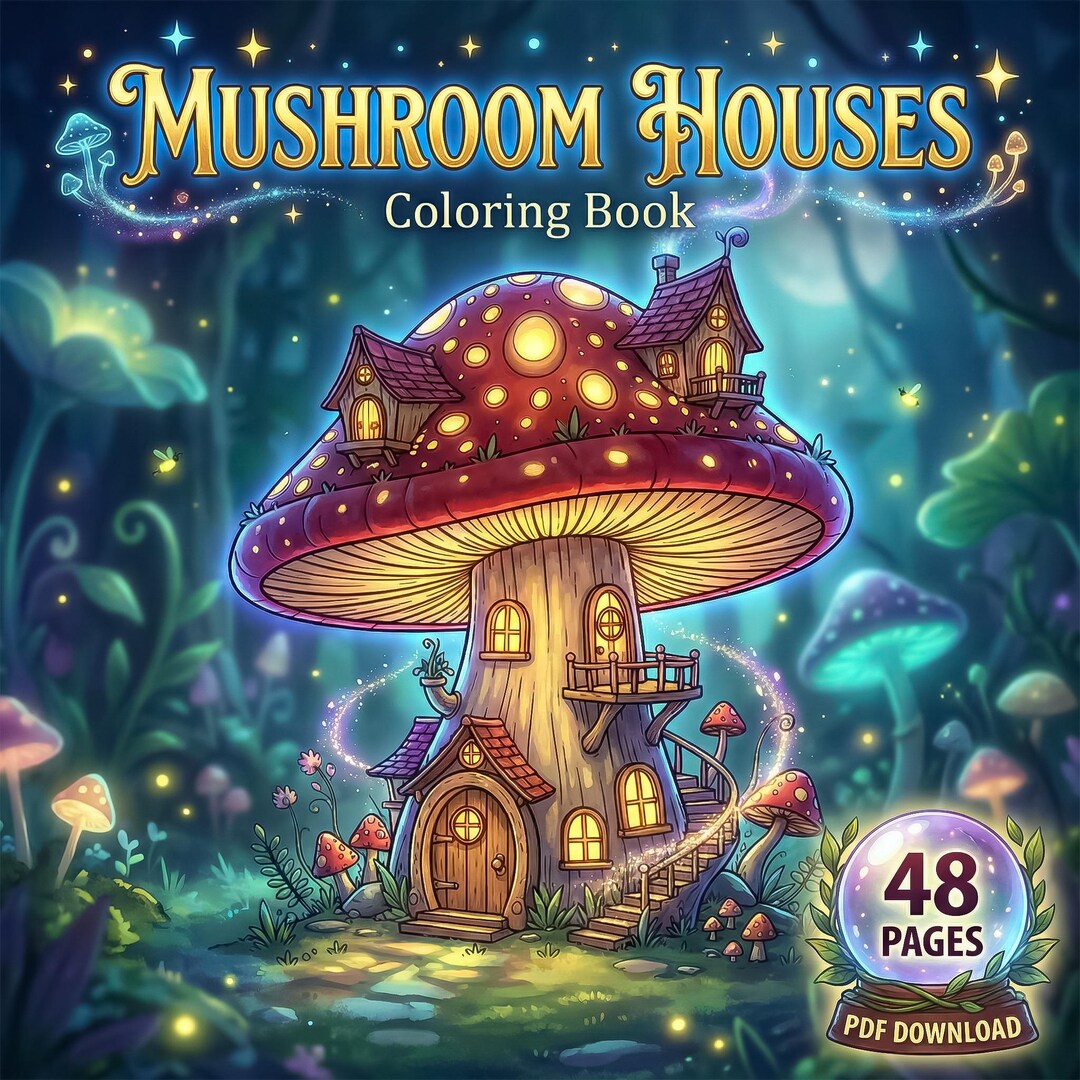 Mushroom House Coloring Book Printable, 48 Cottagecore Fairy Home Pages ...