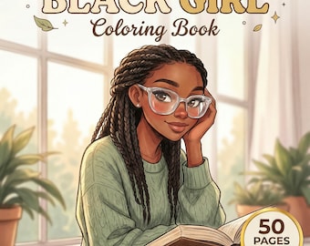 Pode incluir: Ilustração da capa de um livro de colorir para meninas negras. A capa apresenta uma jovem negra com óculos, tranças e um suéter verde. O título do livro está em uma fonte decorativa. O livro tem 50 páginas.