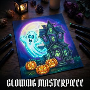 May include: A colorful Halloween-themed illustration featuring a glowing ghost, a haunted house, and jack-o'-lanterns under a full moon. The artwork is titled "GLOWING MASTERPIECE" in bold, white letters.