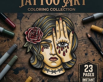 タトゥー塗り絵ブック（印刷可能）、オールドスクールフラッシュアートデザイン23種類、PDF即時ダウンロード、大人向け