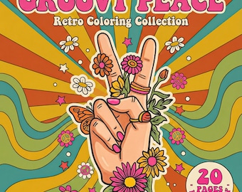 Groovy vredeskleurplaten jaren 70 afdrukbaar, 20 retro hippieontwerpen, pdf direct downloaden, volwassenen tieners