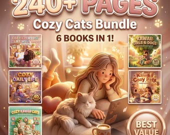Paquete de libros para colorear de gatos acogedores: más de 240 páginas, mascotas kawaii, escenas de niñas y gatos (descarga digital)
