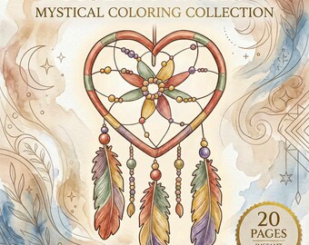 May include: Watercolor illustration of a heart-shaped dreamcatcher with colorful feathers and beads. The text "MODERN BOHO MYSTICAL COLORING COLLECTION" is at the top. A gold seal reads "20 PAGES INSTANT DOWNLOAD".