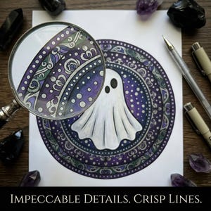 May include: A detailed illustration of a ghost with a decorative border, viewed through a magnifying glass. The design features purple, white, and green accents. The text at the bottom reads: "IMPECCABLE DETAILS. CRISP LINES."