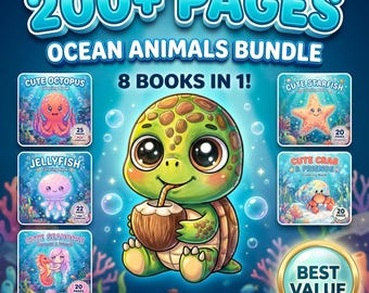 Paquete de dibujos para colorear de animales marinos: más de 200 páginas de diversión submarina, 8 libros en 1 (descarga digital).