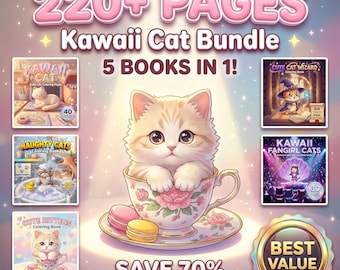 Paquete de dibujos para colorear de gatos kawaii: más de 220 páginas, 5 libros en 1 (descarga digital)