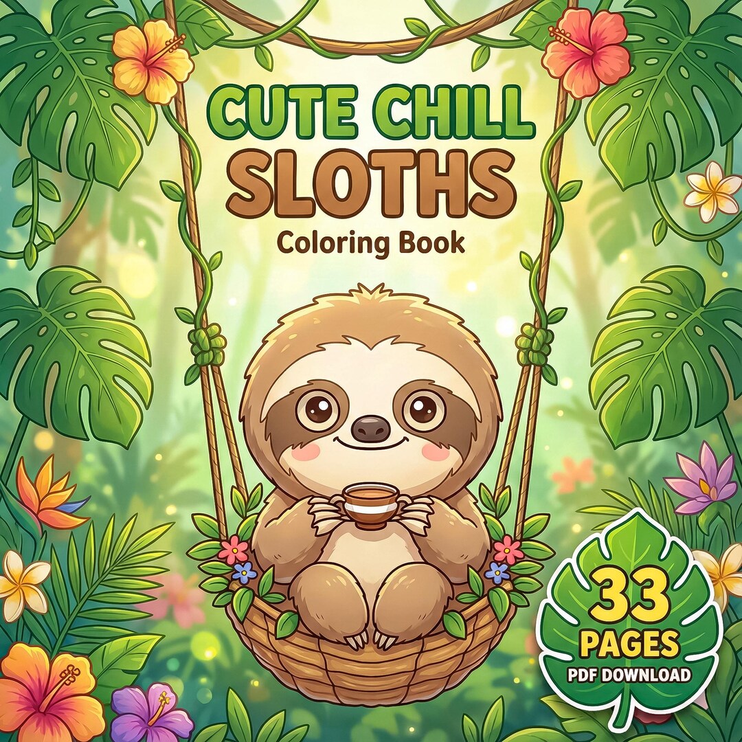 Cute Sloth Coloring Pages, Funny Lazy Animal Book, Tropical Jungle Art ...
