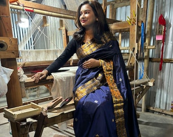 Handwoven Mulberry Silk Saree: Navy Blue Zari Work, Assam Silk