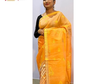 Orange Mulberry Raw Silk Mekhela Chador: Handwoven Assamese Saree with Zari