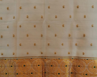 Mekhela Chador for women  Raw mulberry silk white golden zaari