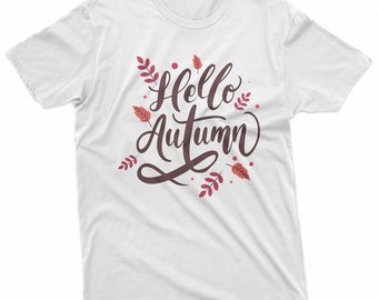 Hello Autumn Leaf white T-Shirt brown color text