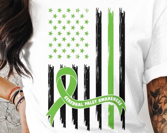 May include: White t-shirt with a green ribbon and the text "Cerebral Palsy Awareness" on a black and white American flag design.