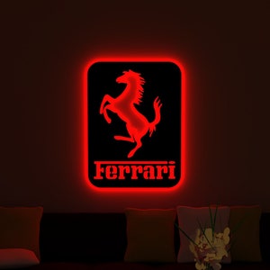 Ferrari Led Wandkunst, Autoschild, Sportwagen Led Dekor, Lichtschild, Wandbehang, Männerhöhle Dekor, Garagenkunst, Spielzimmer Dekor, Led Wanddekoration