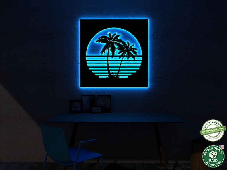 May include: A square, black wall art piece with a neon blue border. The art features a silhouette of palm trees and a sunset design. The piece is illuminated with a bright blue light, creating a vibrant and eye-catching display.