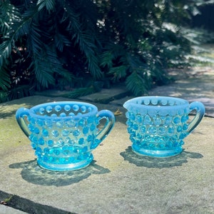 Beautiful, Opalescent Blue Hobnail Creamer & Sugar Set by Fenton