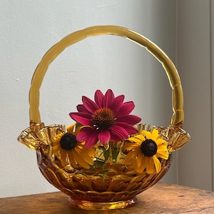 Gorgeous Vintage Fenton, Colonial Amber Thumbprint Basket, 8&quot;